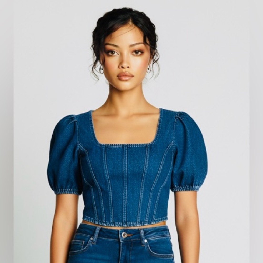 EUC Nasty Gal SZ 10 Blue denim corset puff sleeve top w/side zip/bust 34”